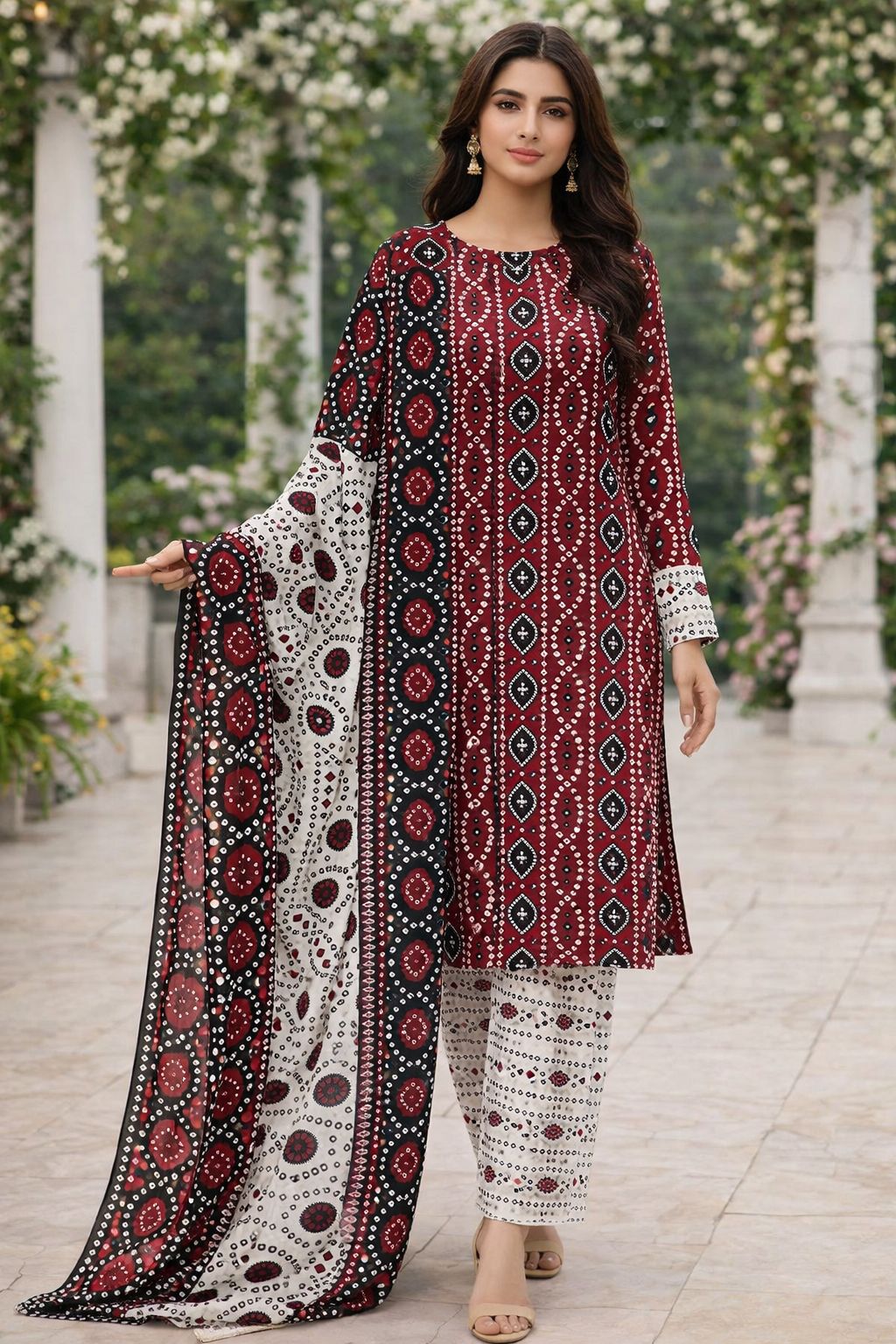 Chunri Block Print 3 Piece Soft Cotton (Maroon/White)