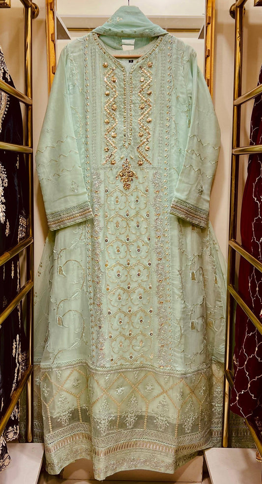 Chiffon Heavy Embroidered Gown Long Length 3 Piece