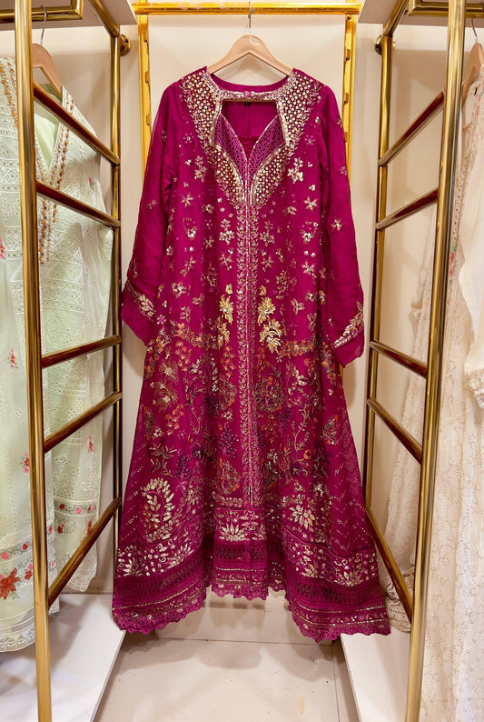 Chiffon Heavy Embroidered Gown 100 inches 3 Piece