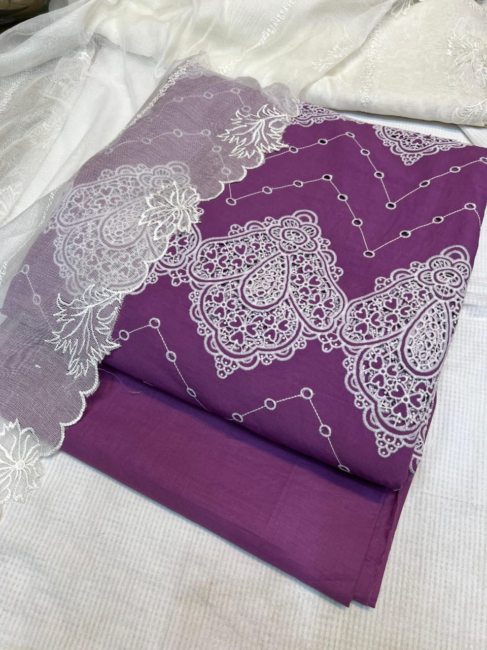 Pure Lawn Chickenkari Cutwork Dresses with Cotton Khaddi net Dupatta