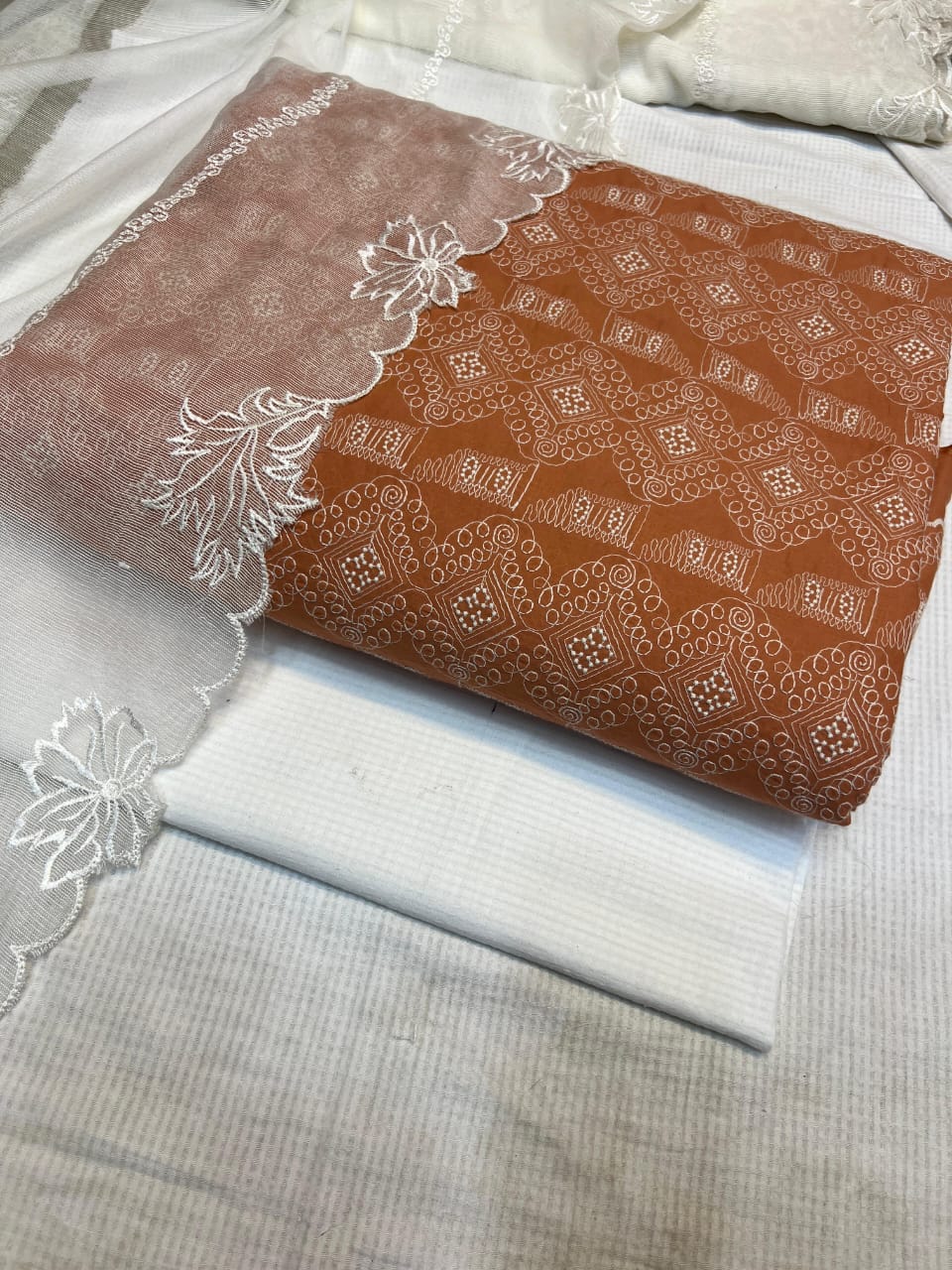 Pure Lawn Chickenkari Cutwork Dresses with Cotton Khaddi net Dupatta