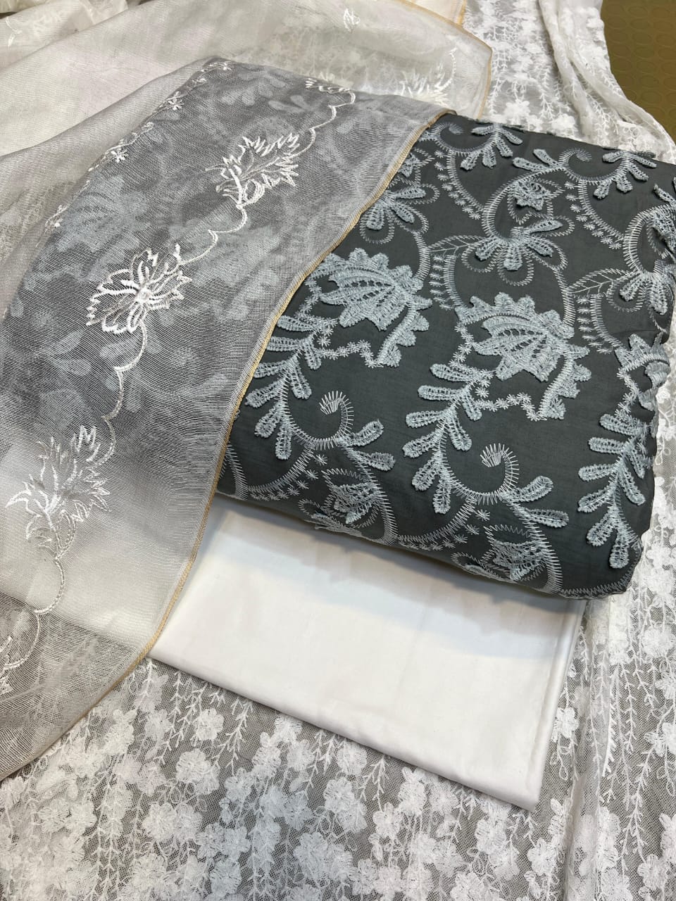 Pure Lawn Chickenkari Cutwork Dresses with Cotton Khaddi net Dupatta