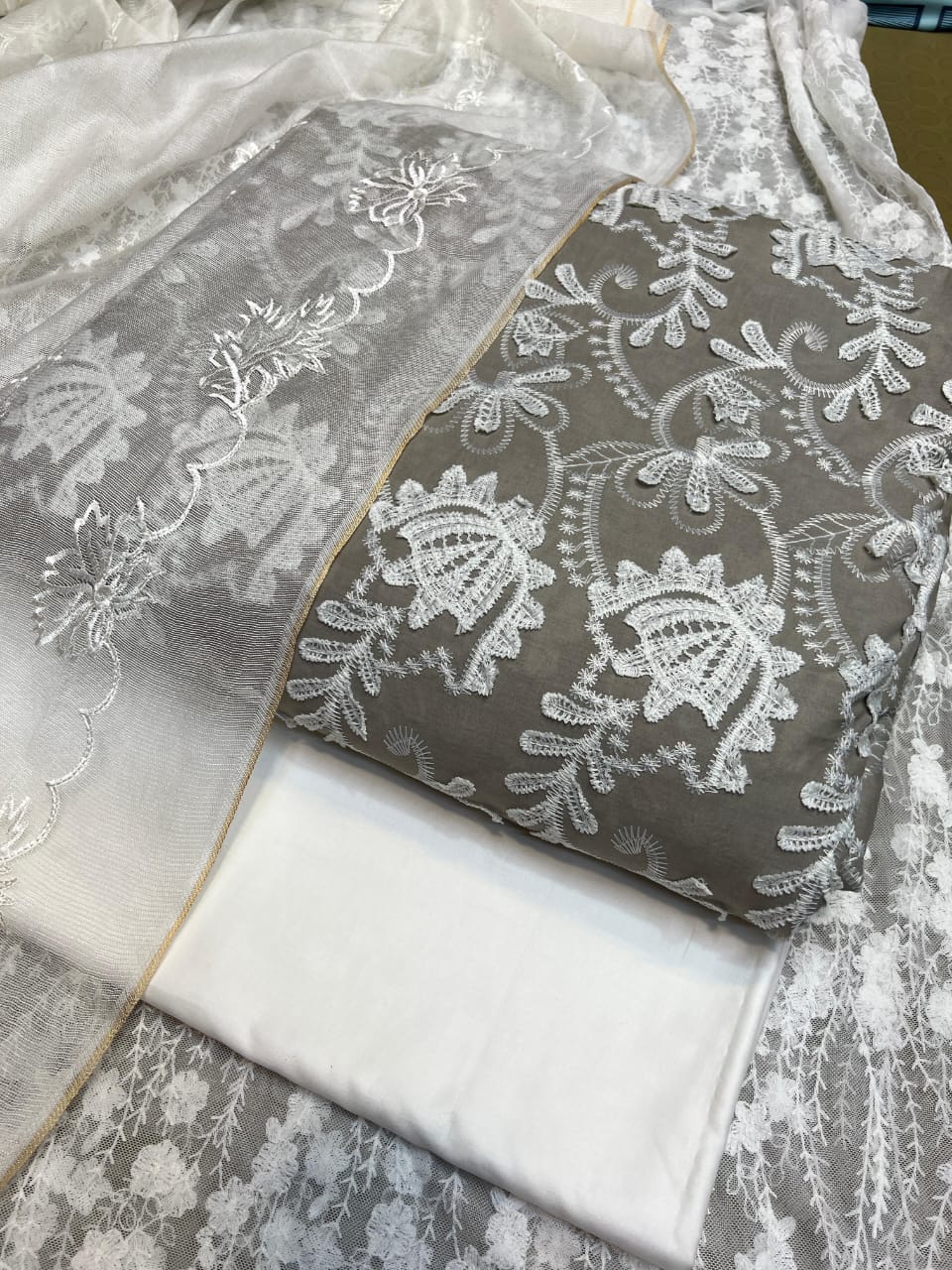 Pure Lawn Chickenkari Cutwork Dresses with Cotton Khaddi net Dupatta