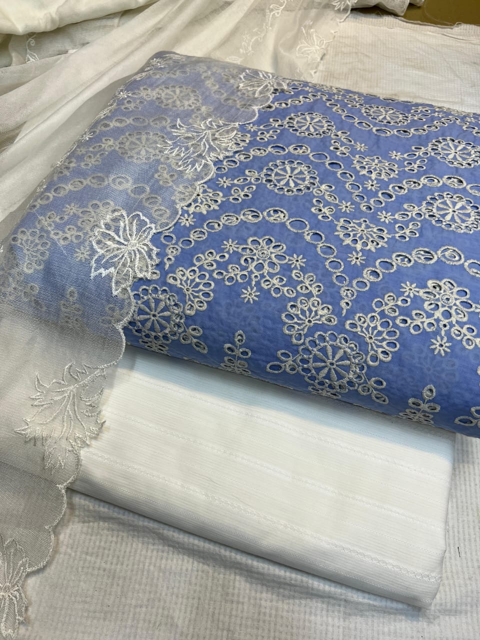 Pure Lawn Chickenkari Cutwork Dresses with Cotton Khaddi net Dupatta