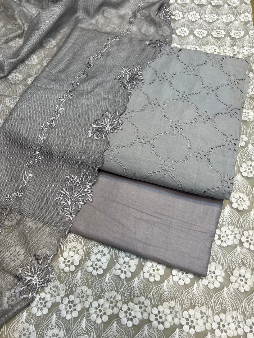 Pure Lawn Chickenkari Cutwork Dresses with Cotton Khaddi net Dupatta