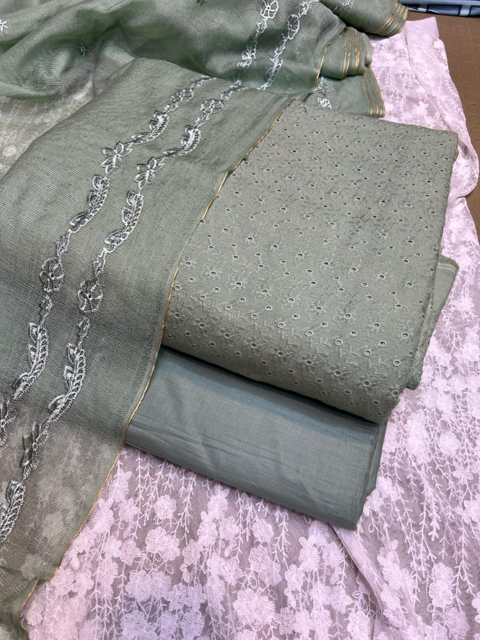 Pure Lawn Chickenkari Cutwork Dresses with Cotton Khaddi net Dupatta