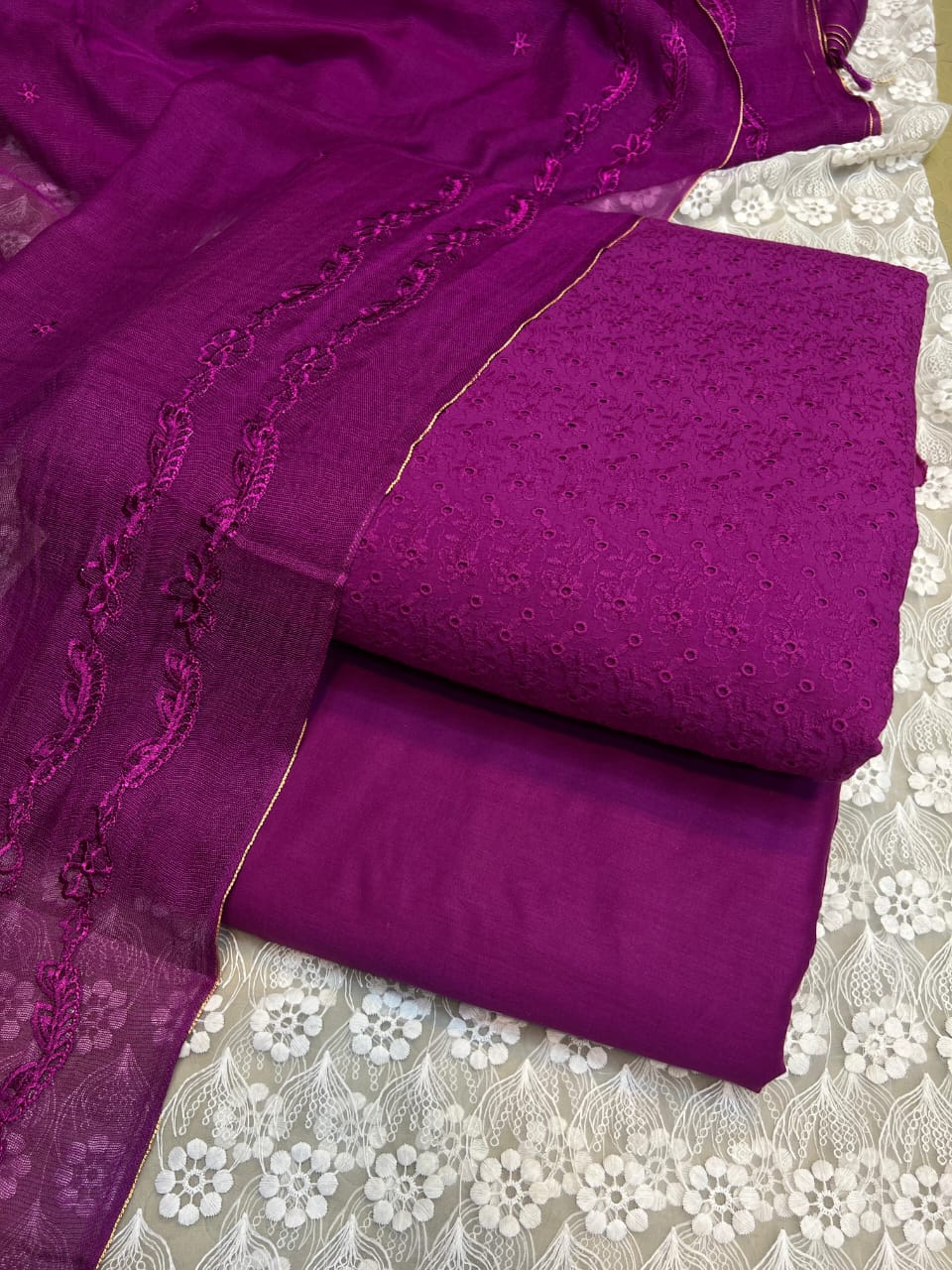 Pure Lawn Chickenkari Cutwork Dresses with Cotton Khaddi net Dupatta
