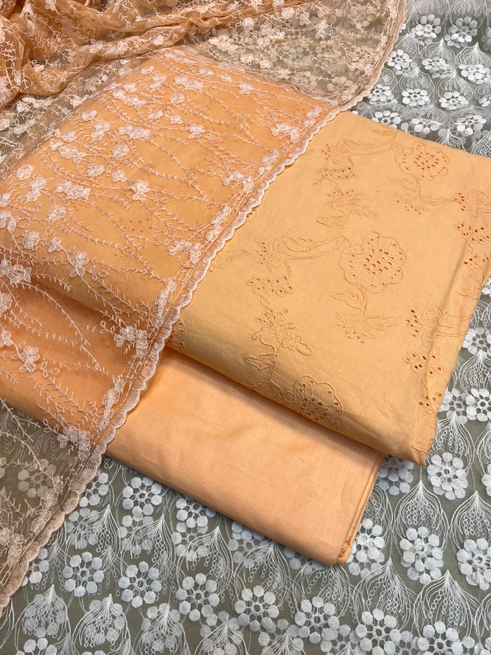 Pure Lawn Chickenkari Cutwork Dresses with Cotton Khaddi net Dupatta