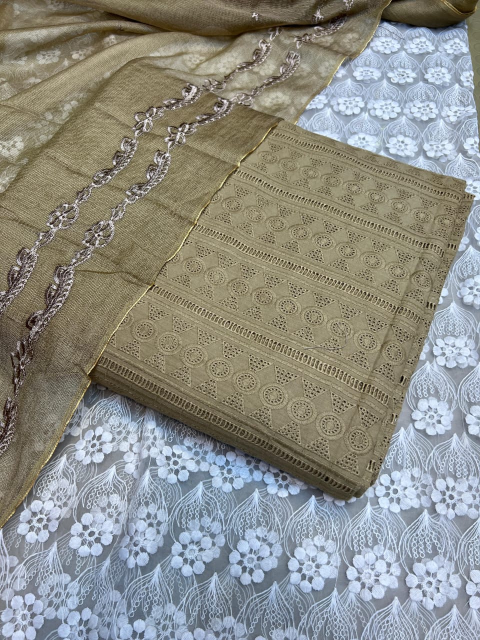 Pure Lawn Chickenkari Cutwork Dresses with Cotton Khaddi net Dupatta
