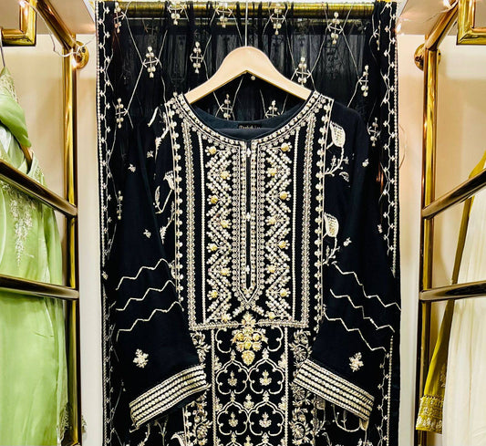 Chiffon Heavy Embroidered Gown Long Length 3 Piece