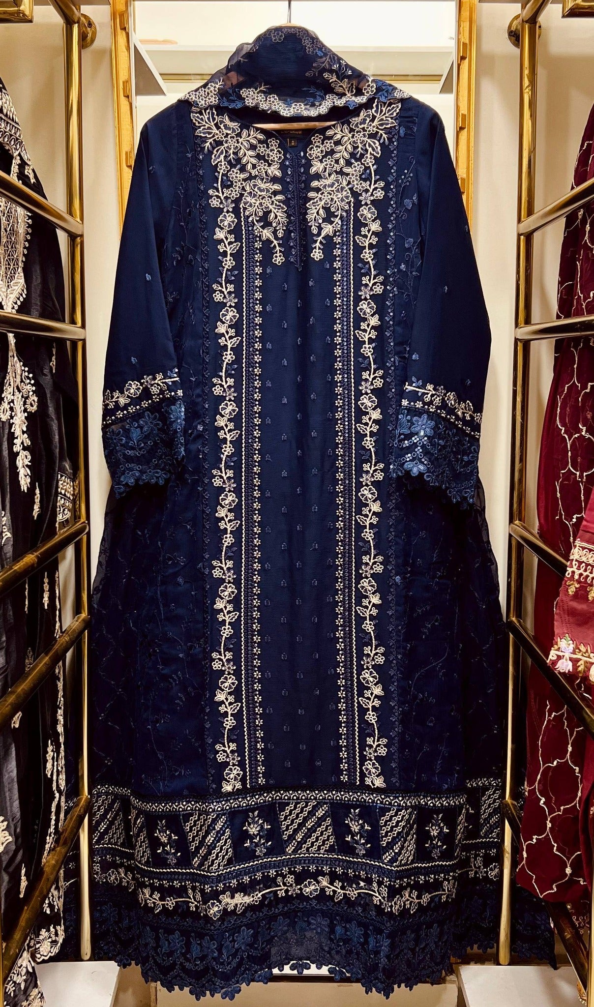Chiffon Heavy Embroidered Gown Long Length 3 Piece