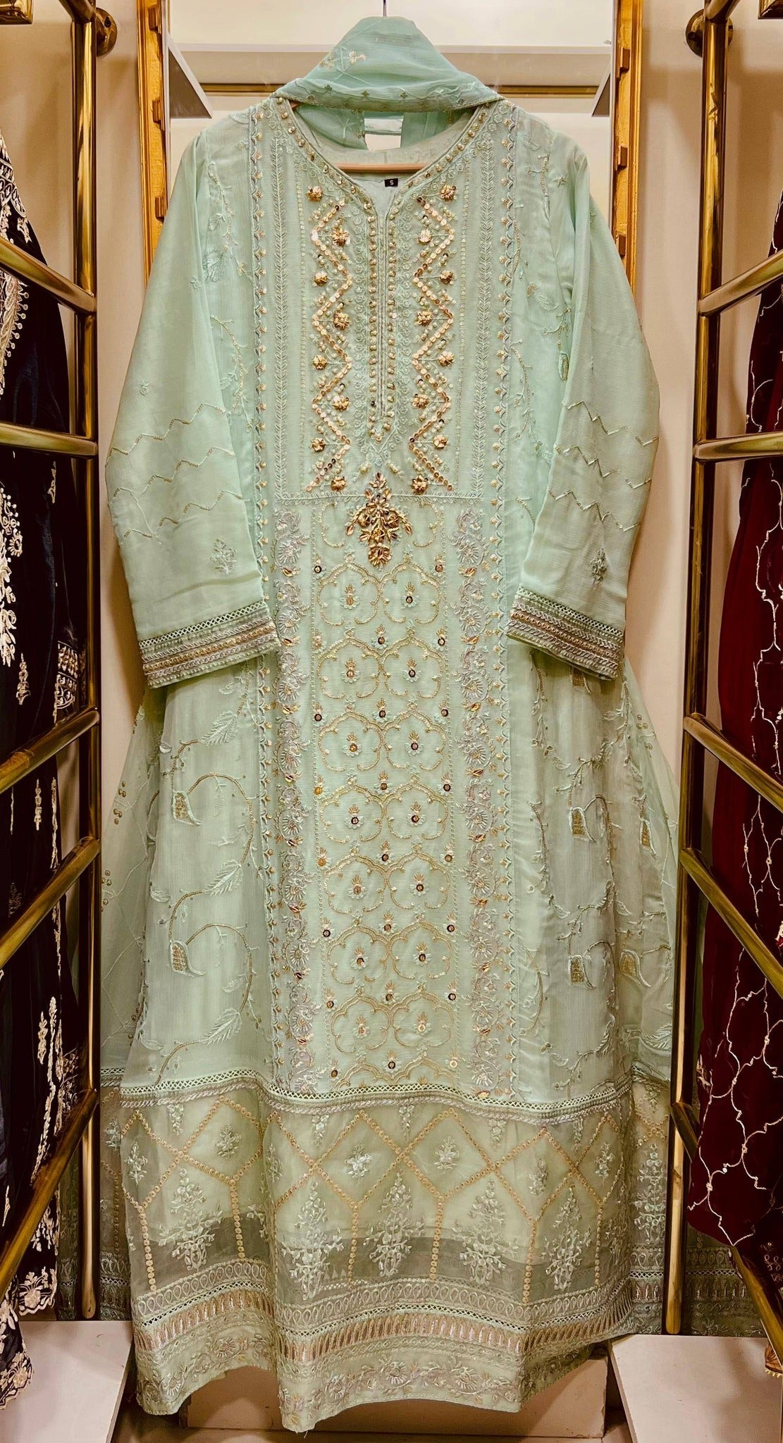Chiffon Heavy Embroidered Gown Long Length 3 Piece