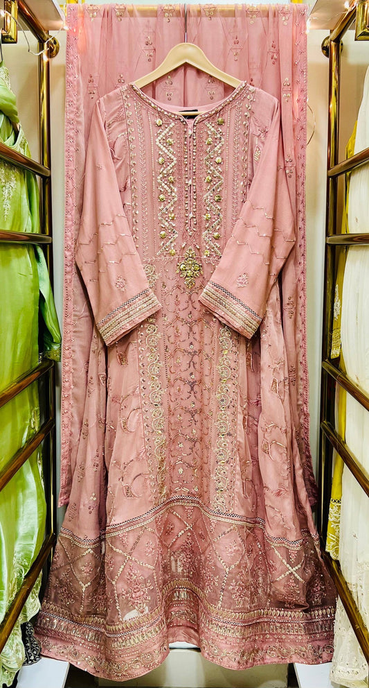 Chiffon Heavy Embroidered Gown 100 inches 3 Piece