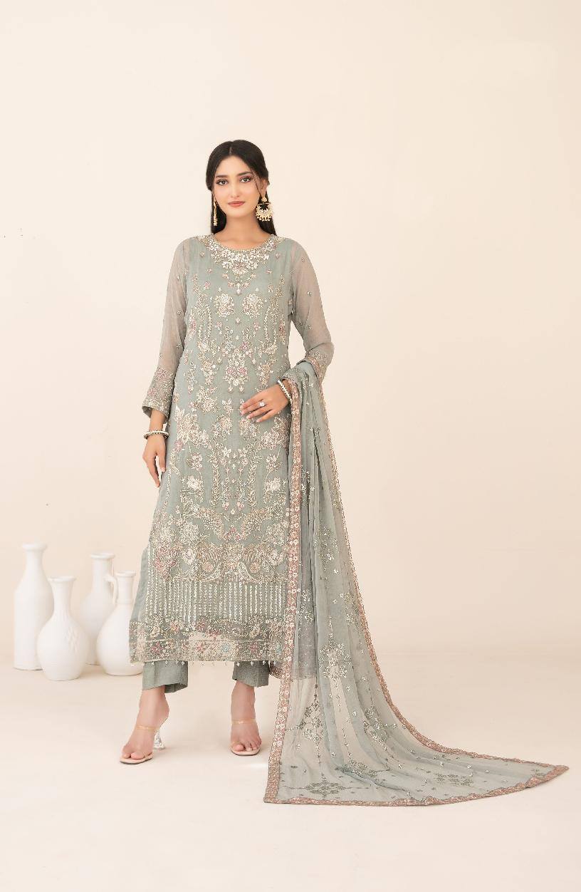 LIBAAS-E-ISHQ Semi-Stitched Fancy Embroidered Chiffon Dress