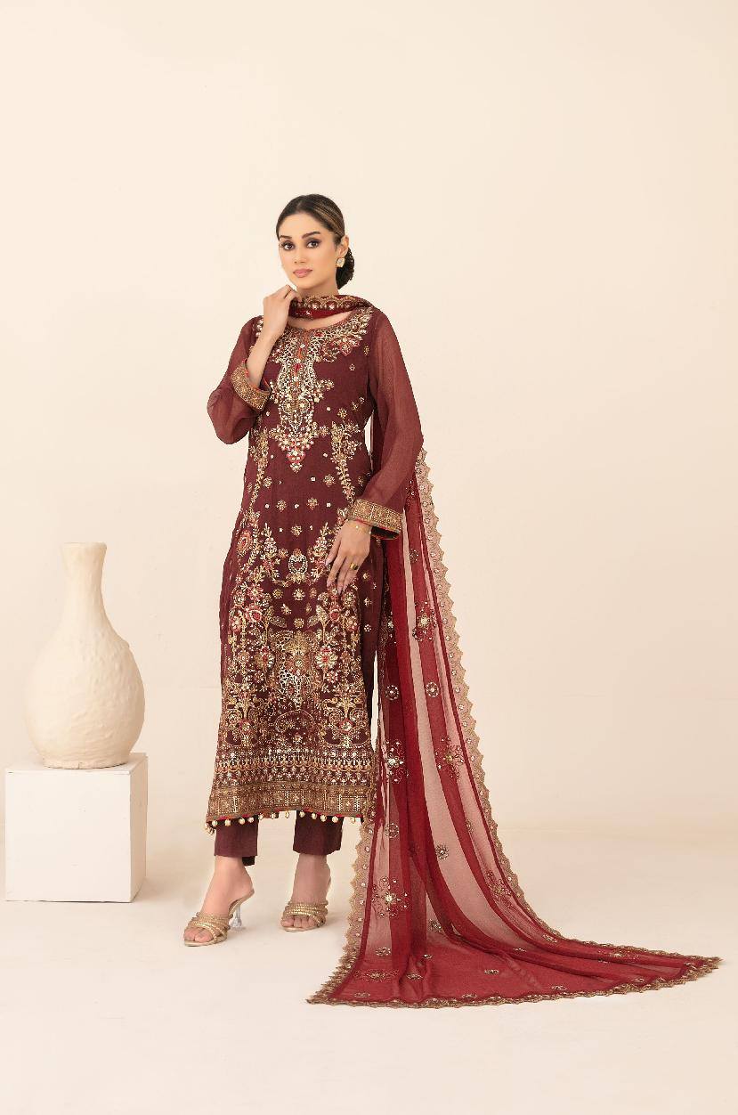 LIBAAS-E-ISHQ Semi-Stitched Fancy Embroidered Chiffon Dress