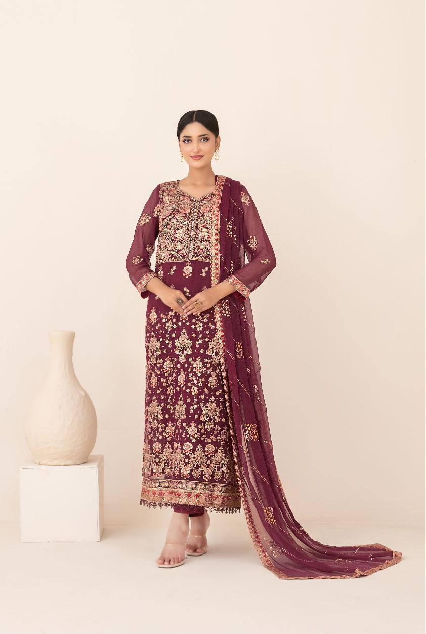 LIBAAS-E-ISHQ Semi-Stitched Fancy Embroidered Chiffon Dress
