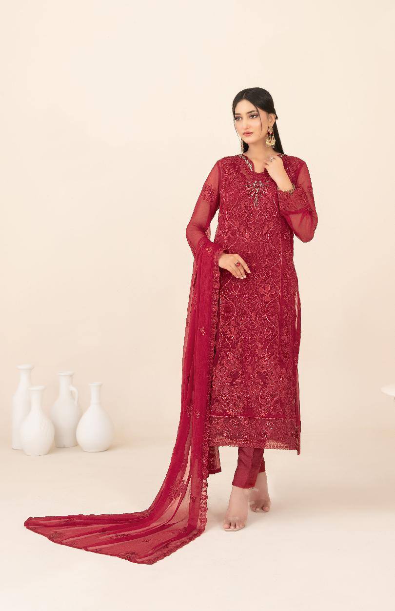 LIBAAS-E-ISHQ Semi-Stitched Fancy Embroidered Chiffon Dress