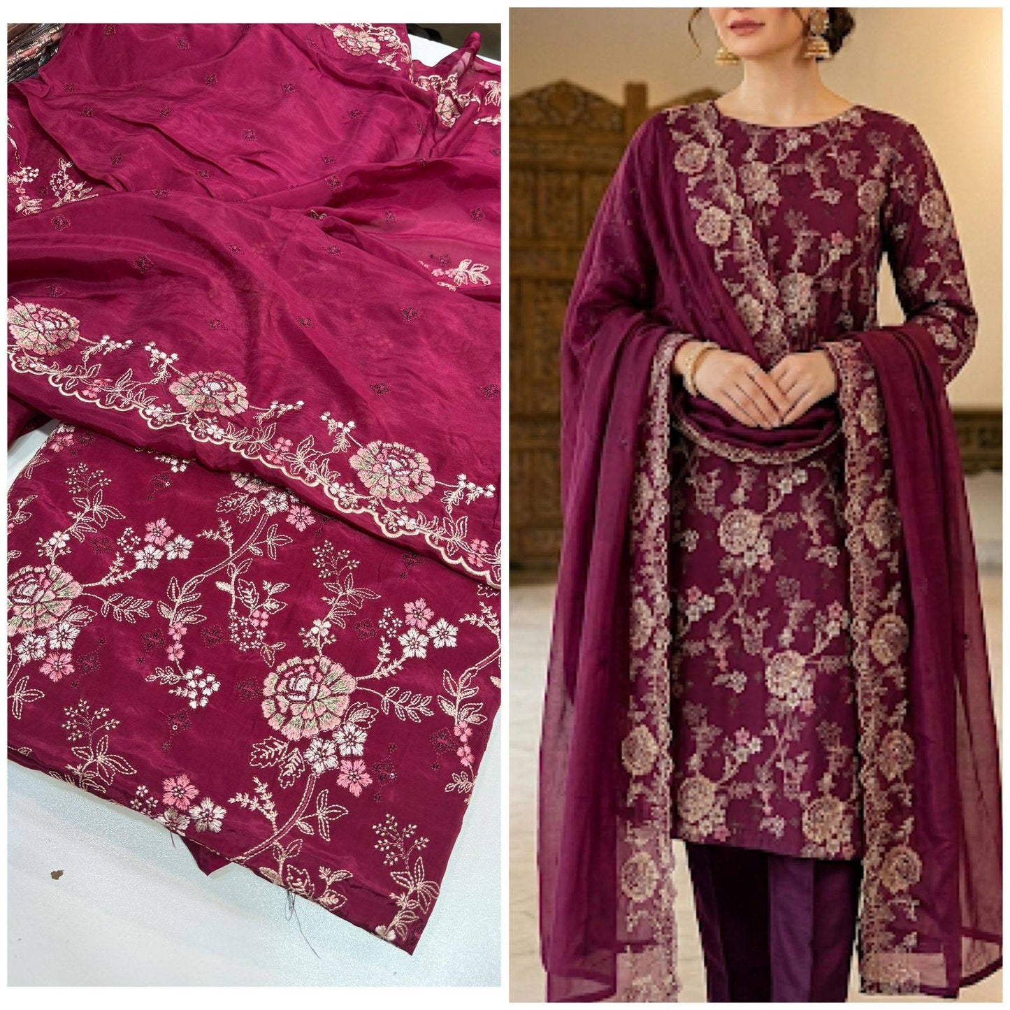 Russian silk thread work medium silk dupata + Russian silk trouser