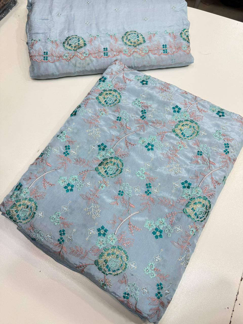 Russian silk thread work medium silk dupata + Russian silk trouser