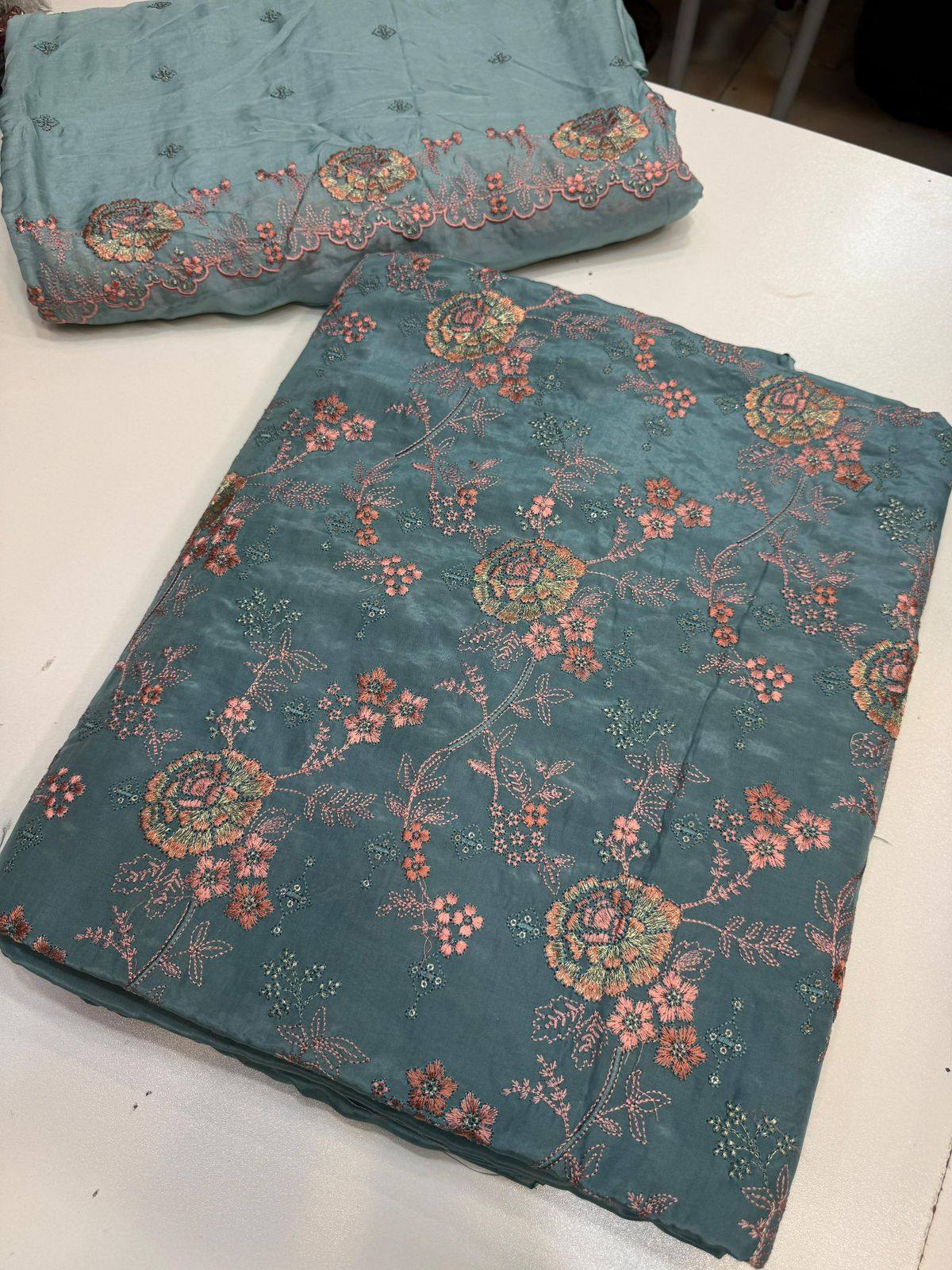 Russian silk thread work medium silk dupata + Russian silk trouser