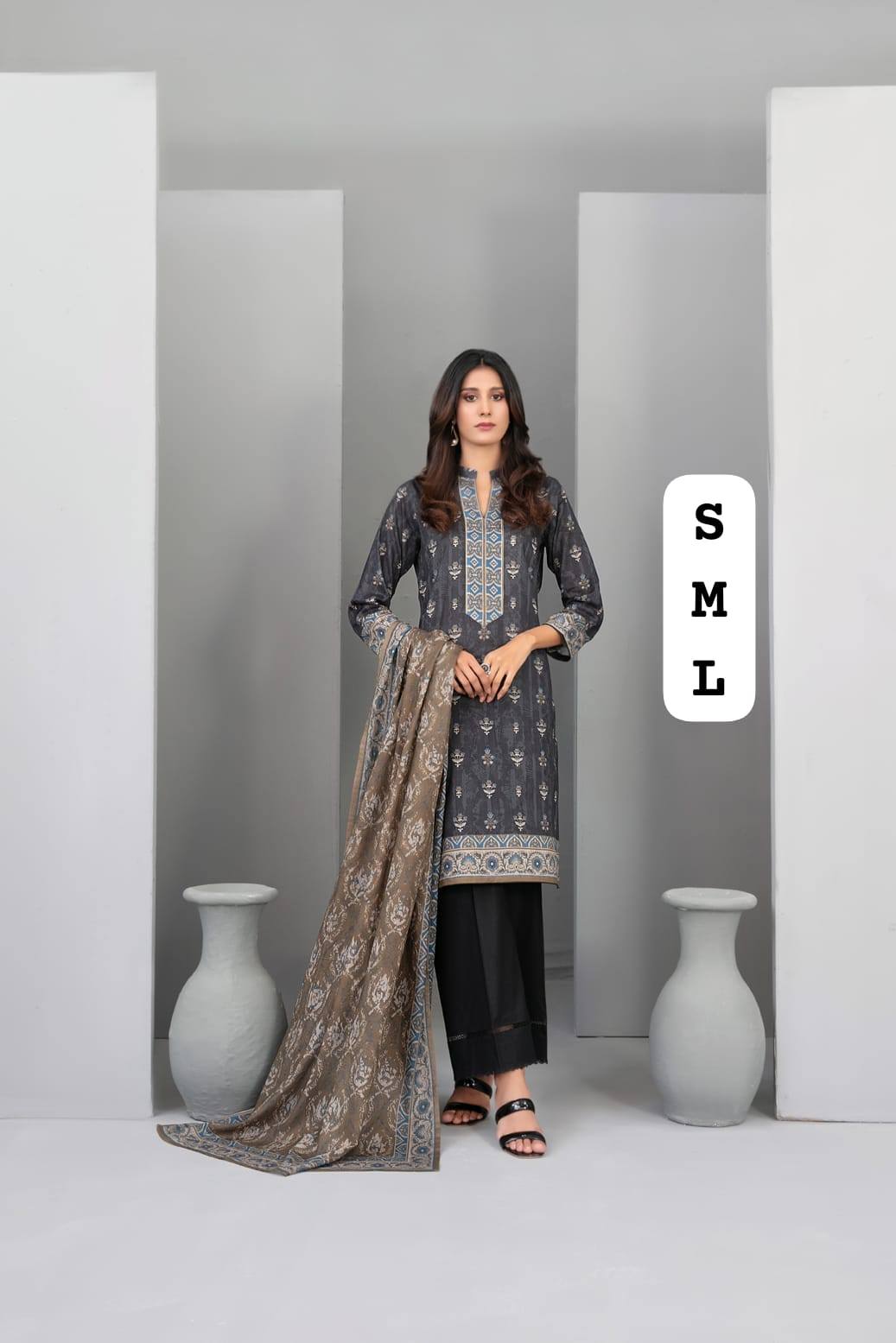 SADIRA Stitched  Mono chrome Digital Printed Lawn