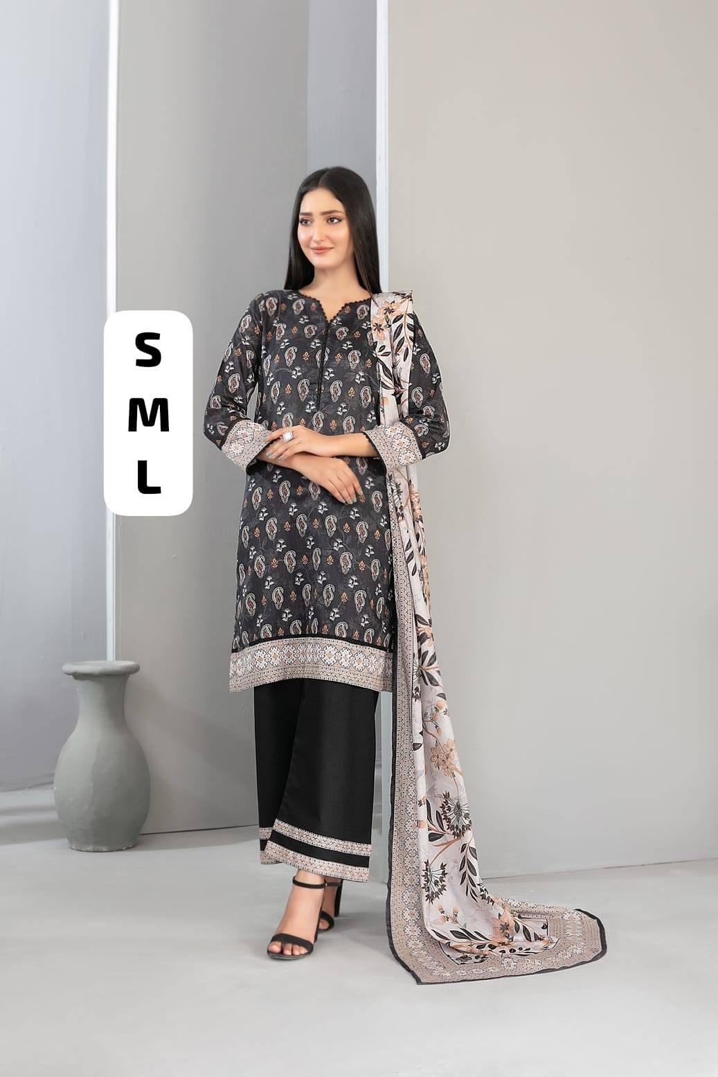 SADIRA Stitched  Mono chrome Digital Printed Lawn