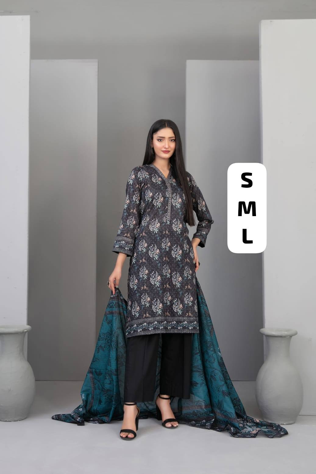 SADIRA Stitched  Mono chrome Digital Printed Lawn