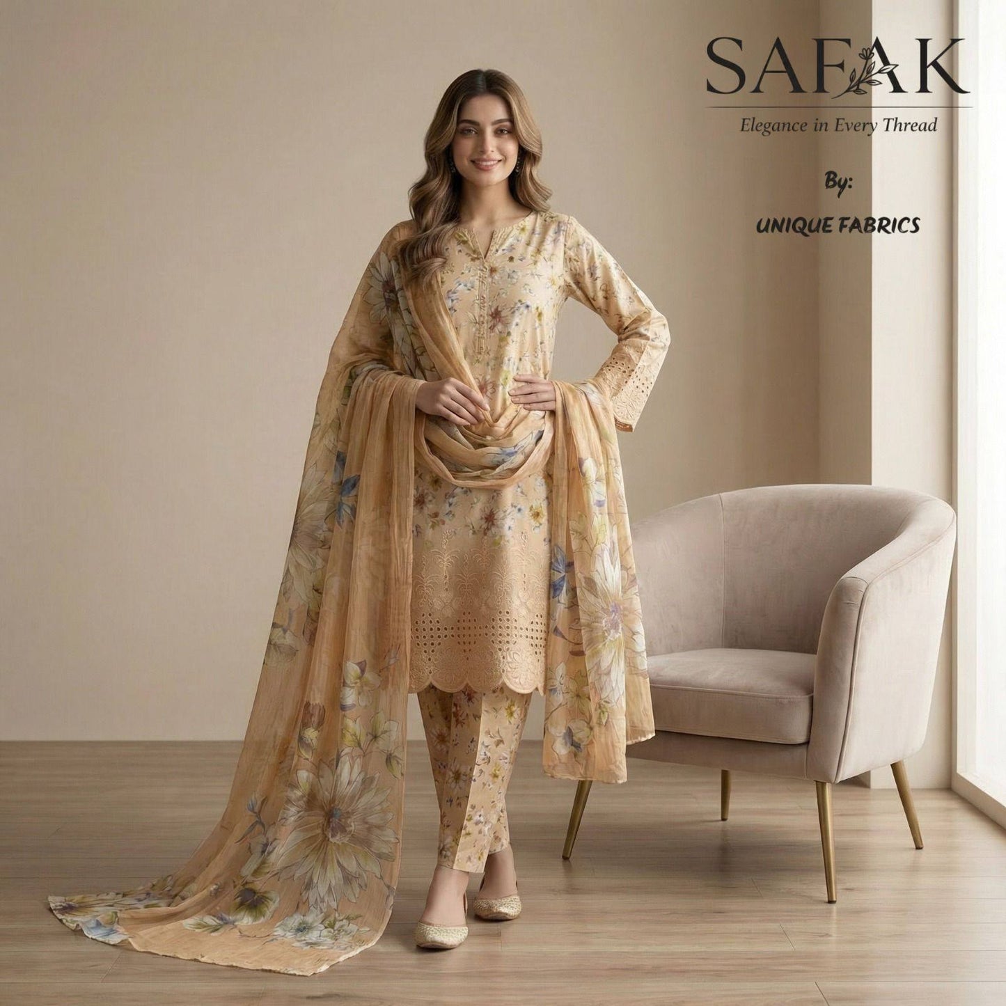 SAFAK Digital Floral Print Embroidered lawn Dress