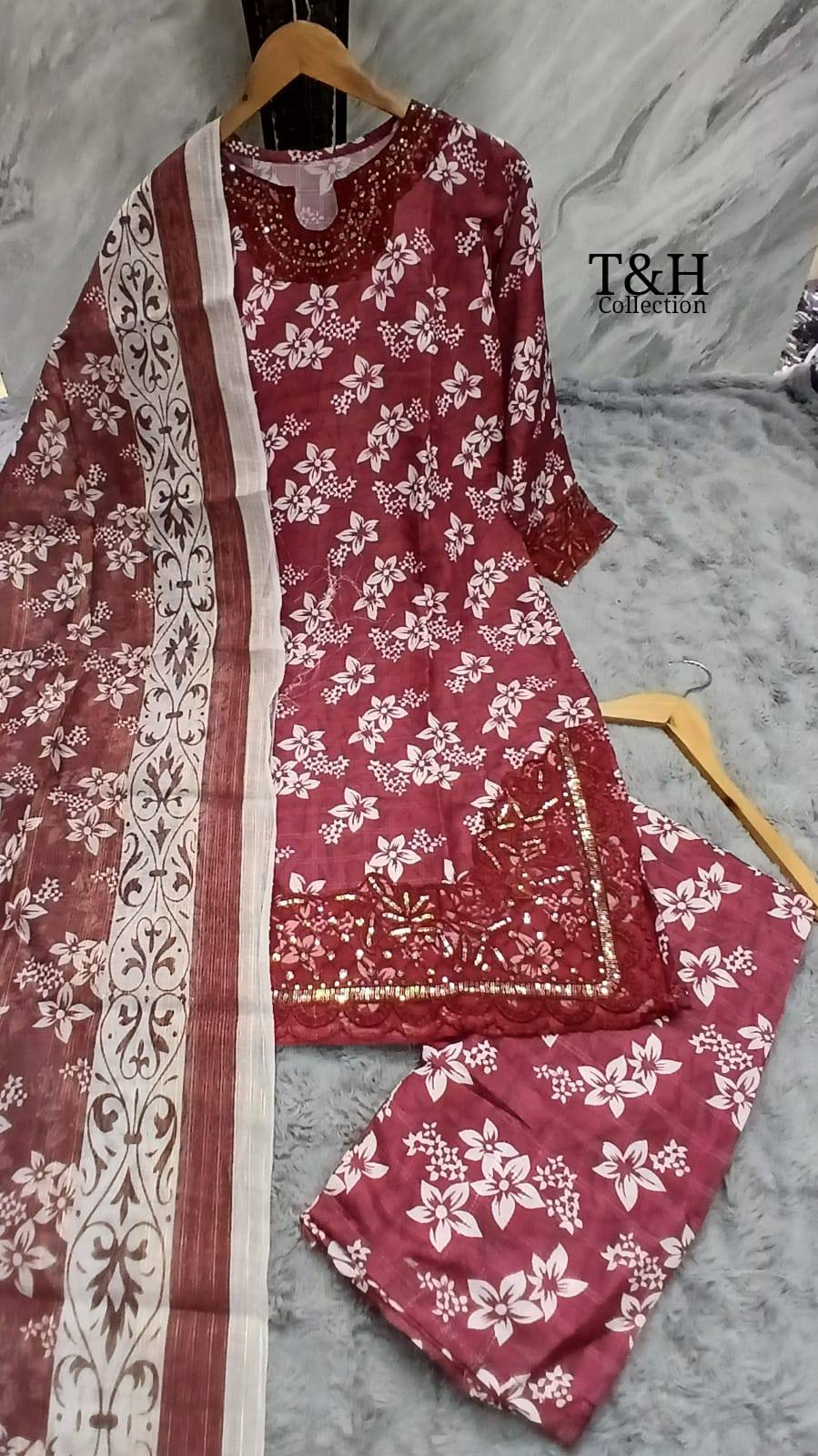 Soft Cotton Embroidered Printed Suit 3 Piece