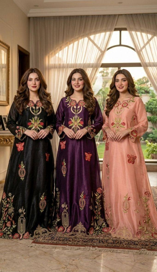 Sheesha silk heavy embroidered stitched kaaftans
