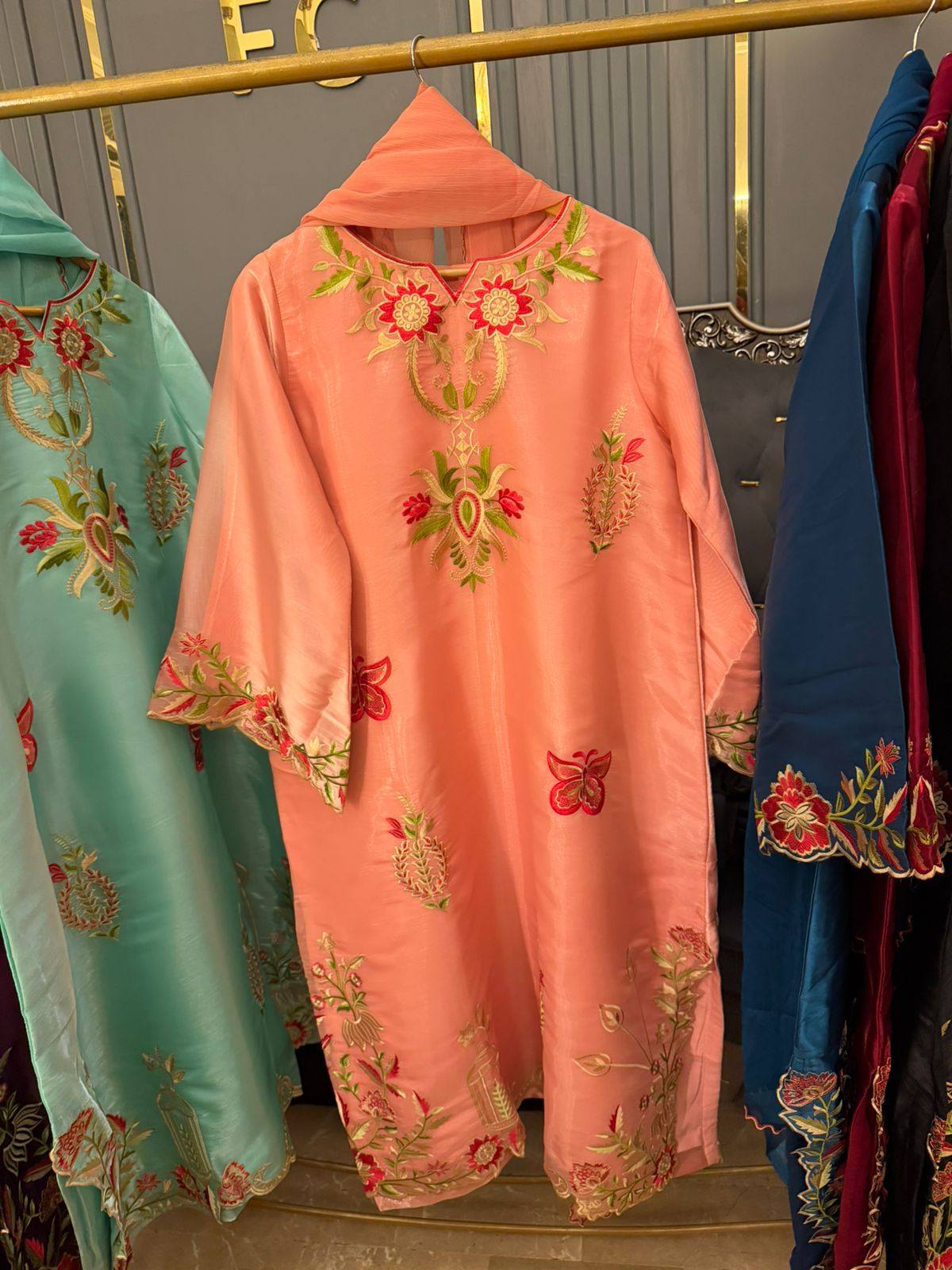 Sheesha silk heavy embroidered stitched kaaftans